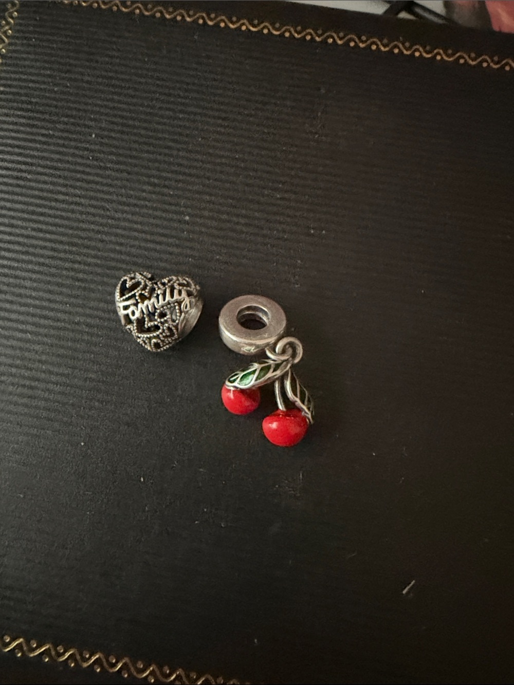Silver Heart 'Family' Charm + Red Cherry Pandora  Dangle Charm